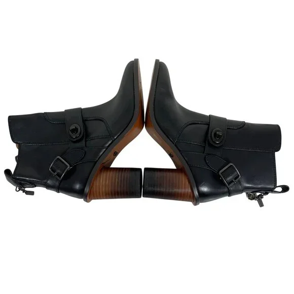 COACH Black Leather Moto Booties Turnlock Buckles Stacked Heels Womens 5B - NWOB - Picture 4 of 8